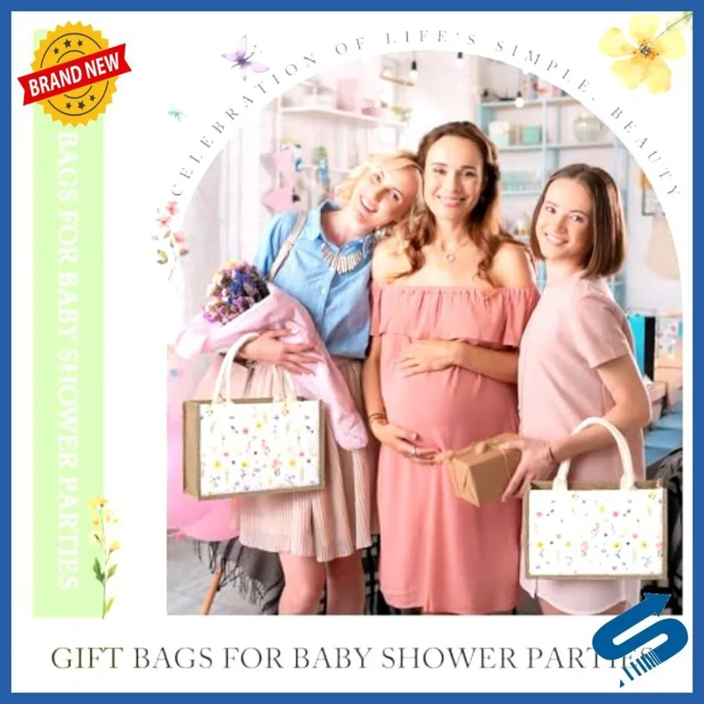 Large Floral Burlap Tote Bags Reusable Grocery Shopping Party Gift Set